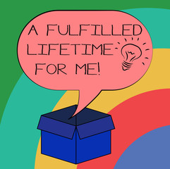 Conceptual hand writing showing A Fulfilled Lifetime For Me. Business photo text Realization achievements Accomplish goals Idea icon in Blank Halftone Speech Bubble Over Carton Box