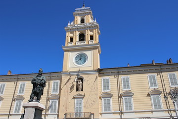 Fototapeta na wymiar View of Governor's Palace with Clock tower in Parma City (Emilia Romagna, Italy)