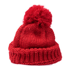 Red Knit Wool Hat with Pom Pom isolated on white background - 270772787