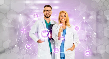 Health Insurance Concept - Doctor in hospital with health insurance related icon graphic interface...