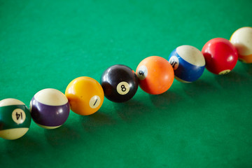 Billiards balls on green table 