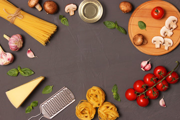 set of products for cooking Italian pasta top view, place for text