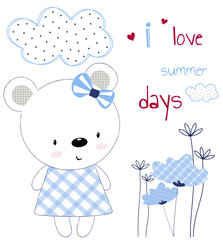 Cute bear girl on a card with flowers and hearts. Children's printing for children, poster, children's clothing, postcard. Vector illustration.