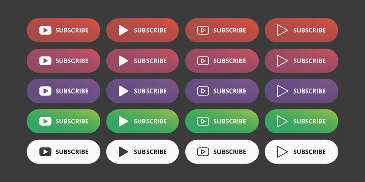 Red subscribe buttons vector set - Video channel subscribe button on dark backround
