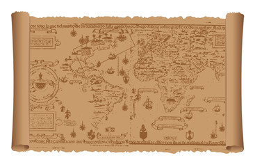 Old world map on the vintage scroll paper. flat vector illustration.