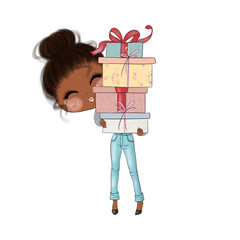 African American Hair Girl With Gift Box Isolated On A White Background Hand Drawn Illustration