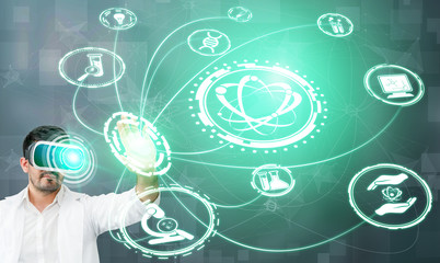 Medical Healthcare Research and Development Concept. Doctor in hospital lab with science health research icon show symbol of medical care technology innovation, medicine discovery and healthcare data.