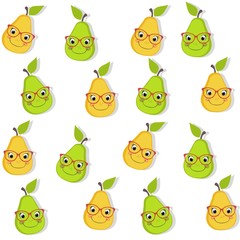 Obraz na płótnie Canvas Pear seamless pattern with drop shadow. Cartoon pears with spectacles and freckles over white background