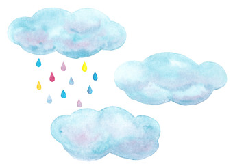 Watercolor hand drawn sky set with  blue clouds and colorful raindrops isolated on white background