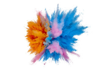 Obraz na płótnie Canvas Colored powder explosion. Abstract closeup dust on backdrop. Colorful explode. Paint holi