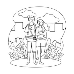 Tourist boy and girl with bag design