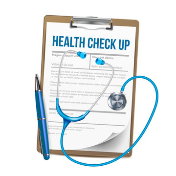 Clipboard With List Of Health Check Up Vector. Paper With Medical Report On Talbot Clipboard, Pen And Stethoscope Instrument Element Of Doctor. Healthcare Concept Realistic 3d Illustration