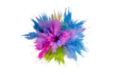 Fototapeta na wymiar Colored powder explosion. Abstract closeup dust on backdrop. Colorful explode. Paint holi