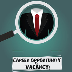 Conceptual hand writing showing Career Opportunity And Vacancy. Business photo text Job searching Huanalysis resources Recruitment Magnifying Glass Enlarging a Tuxedo and Label Tag Below