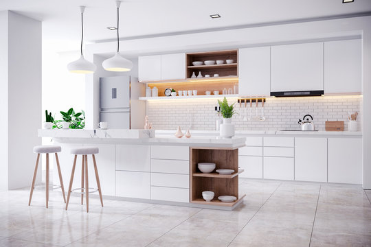  Modern Contemporary white kitchen room interior .3drender