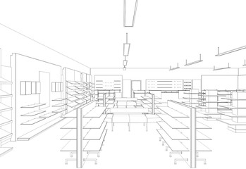 shop, store, contour visualization, 3D illustration, sketch, outline