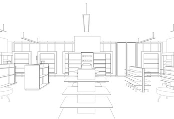shop, store, contour visualization, 3D illustration, sketch, outline