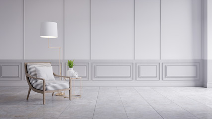 Modern classic interior of living room,white armchair on grey wall panels and concrete wall,3d rendering