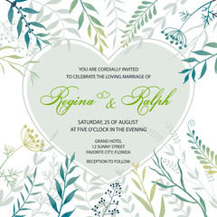 Wedding invitation. Card, template for the invitation. Delicate background of flowers, leaves, twigs, herbs.