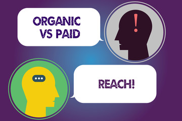 Handwriting text Organic Vs Paid Reach. Concept meaning Increasing followers naturally or by paying for it Messenger Room with Chat Heads Speech Bubbles Punctuations Mark icon