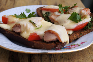 Hot cheese, tomatoes and sausages sandwiches on rye bread.