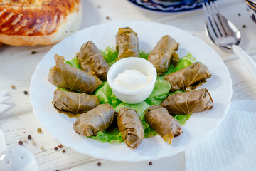 Dolma - rolls made from grape leaves and meat, on white plate.
