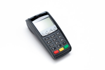 Credit card terminal on white background