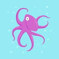 Purple octopus animal flat character on cayn background with spots. Cartoon poulpe for design, logo, background, card, print, sticker