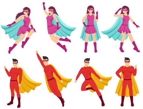 Superheroes set. Woman and man are superhero with different poses. Super girl and super guy wearing costumes and capes. Isolated vector illustration