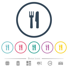 Cutlery flat color icons in round outlines