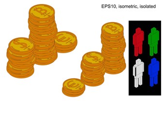 Podium of stacks of coins. Many gold coins in towers. Bitcoin,dollar,euro.