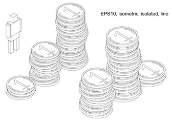 Podium of stacks of coins. Many gold coins in towers. Outline.