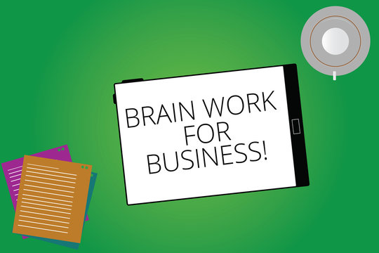Writing note showing Brain Work For Business. Business photo showcasing Brainstorming creative job inspiration thinking Tablet Screen Cup Saucer and Filler Sheets on Color Background