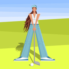 Female golfer goes golfing at the tournament. The girl plays golf. Women's golf team. Sportswoman in modern flat design.