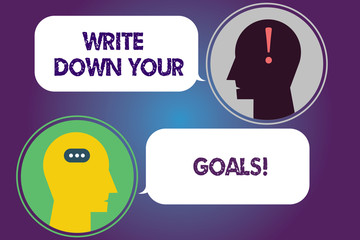 Handwriting text Write Down Your Goals. Concept meaning Make a list of your objective to stay motivated Messenger Room with Chat Heads Speech Bubbles Punctuations Mark icon