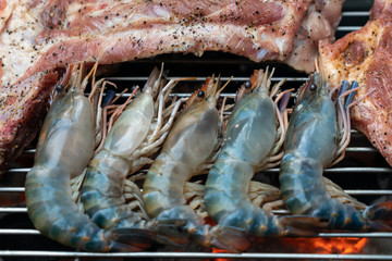Fresh river prawn on charcoal stove