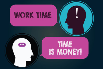 Conceptual hand writing showing Work Time Time Is Money. Business photo showcasing Be fast to accomplish more work efficiently Messenger Room with Chat Heads Speech Bubbles Punctuations