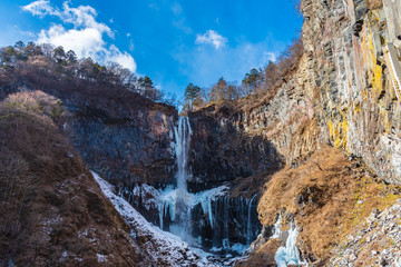 Fototapeta na wymiar Frozen waterfall, Kegon waterfall in winter located at Nikko city near lake Chuzenji, Tochigi Prefecture Japan.