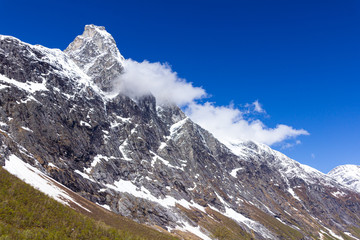 Beautiful, snowy tops of Romsdal mountains.