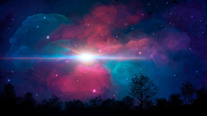 Fototapeta na wymiar Space scene. Colorful nebula with trees silhouette. Elements furnished by NASA. 3D rendering
