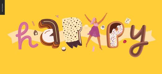 Dessert lettering - Happy - modern flat vector concept digital illustration of temptation font, sweet lettering and girls. Caramel, toffee, biscuit, waffle, cookie, cream and chocolate letters