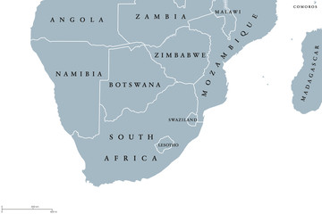 Southern Africa region political map. Southernmost region of African continent. South Africa, Namibia, Botswana, Swaziland and Lesotho. English labeling. Gray illustration on white background. Vector. © Peter Hermes Furian