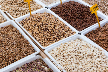 peanuts, almonds and dried fruit on sale at the market, Sicily