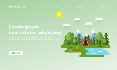 Landing page concept. Vector illustration of beautiful forest scene. Summer landscape in flat style. Sunny day. Background. Tent,campfire,mountains,forest and water. Camping,summer camp,hiking,tourism