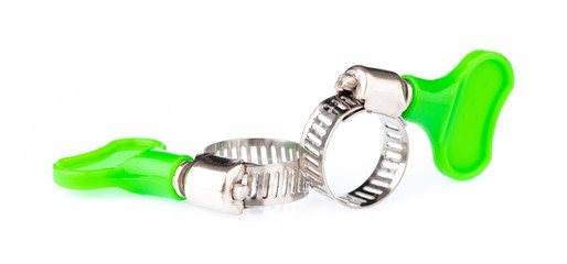 Metal band hose clamp isolated on a white background.