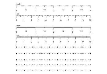 Set of metric abstract, rulers imperial scale with different geometric shapes. Abstract scale for a ruler from geometric shapes. Size indicator units. Measuring scale, markup for rulers.