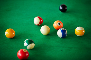 Billiards balls on green table 
