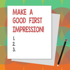 Text sign showing Make A Good First Impression. Conceptual photo Introduce yourself in a great look and mood Stack of Blank Different Pastel Color Construction Bond Paper and Pencil