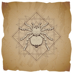 Vector illustration with hand drawn Spider and Sacred geometric symbol on old paper background with torn edges. Abstract mystic sign.