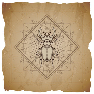 Vector illustration with hand drawn Stag beetle and Sacred geometric symbol on old paper background with torn edges. Abstract mystic sign.